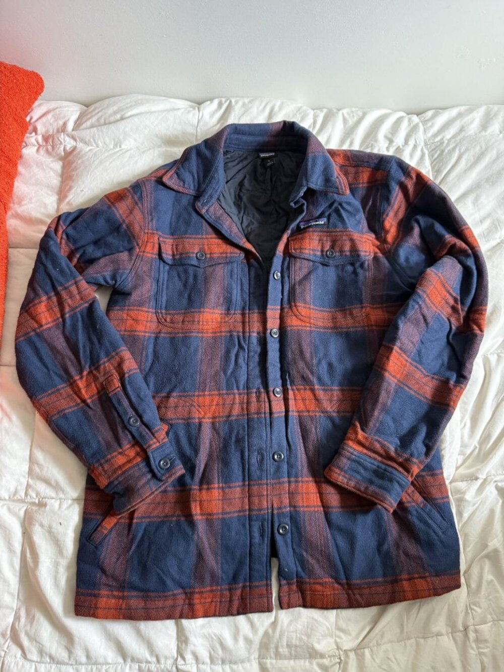 Patagonia Insulated Fjord Flannel Jacket Navy Orange Plaid Quilted Womens S